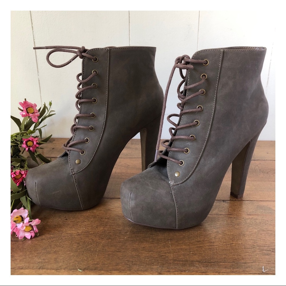 Speed Limit 98 Scala High Heel Lace-up Platform Booties Taupe